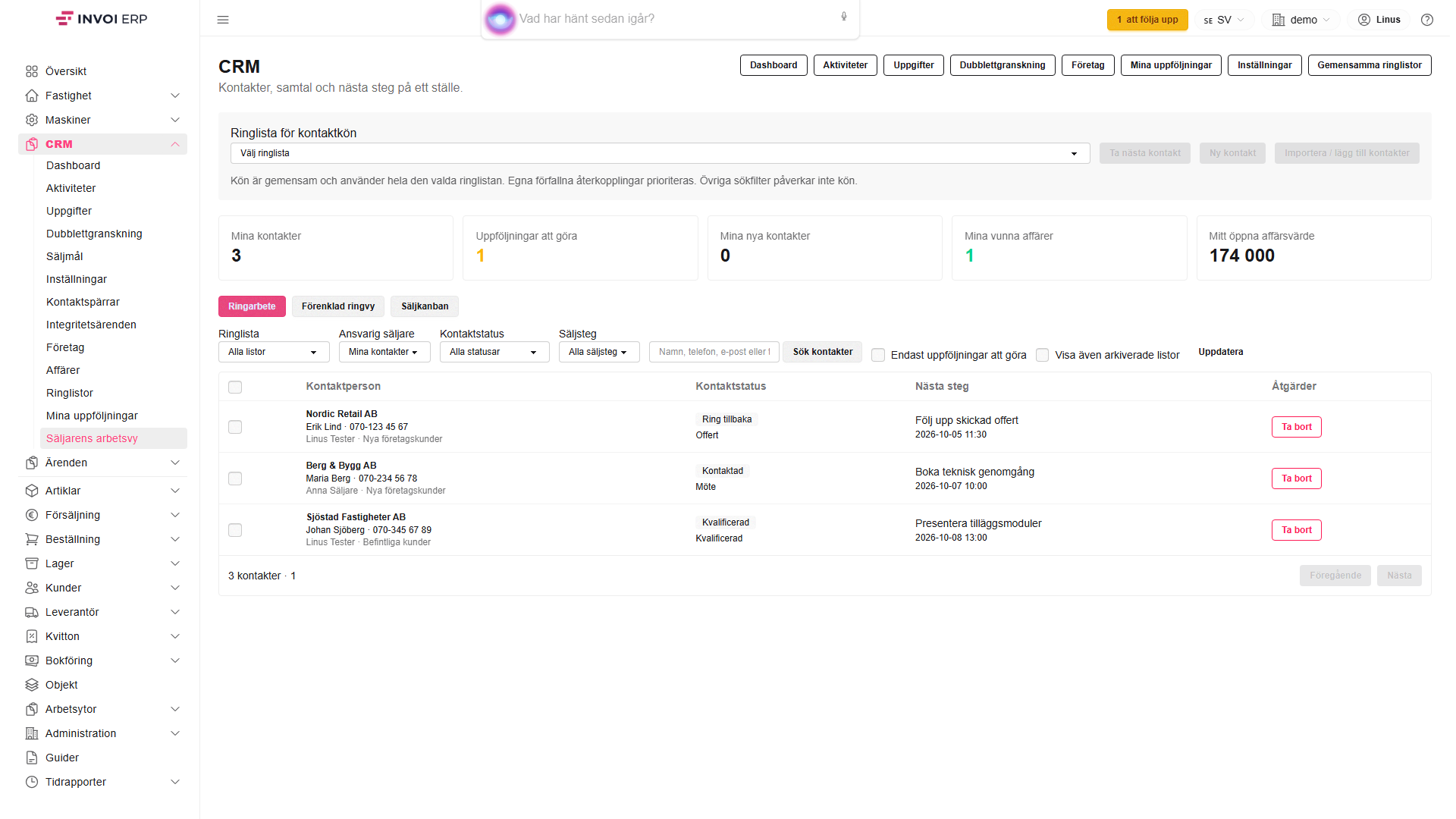 Säljarbetsytan i Invois CRM-modul