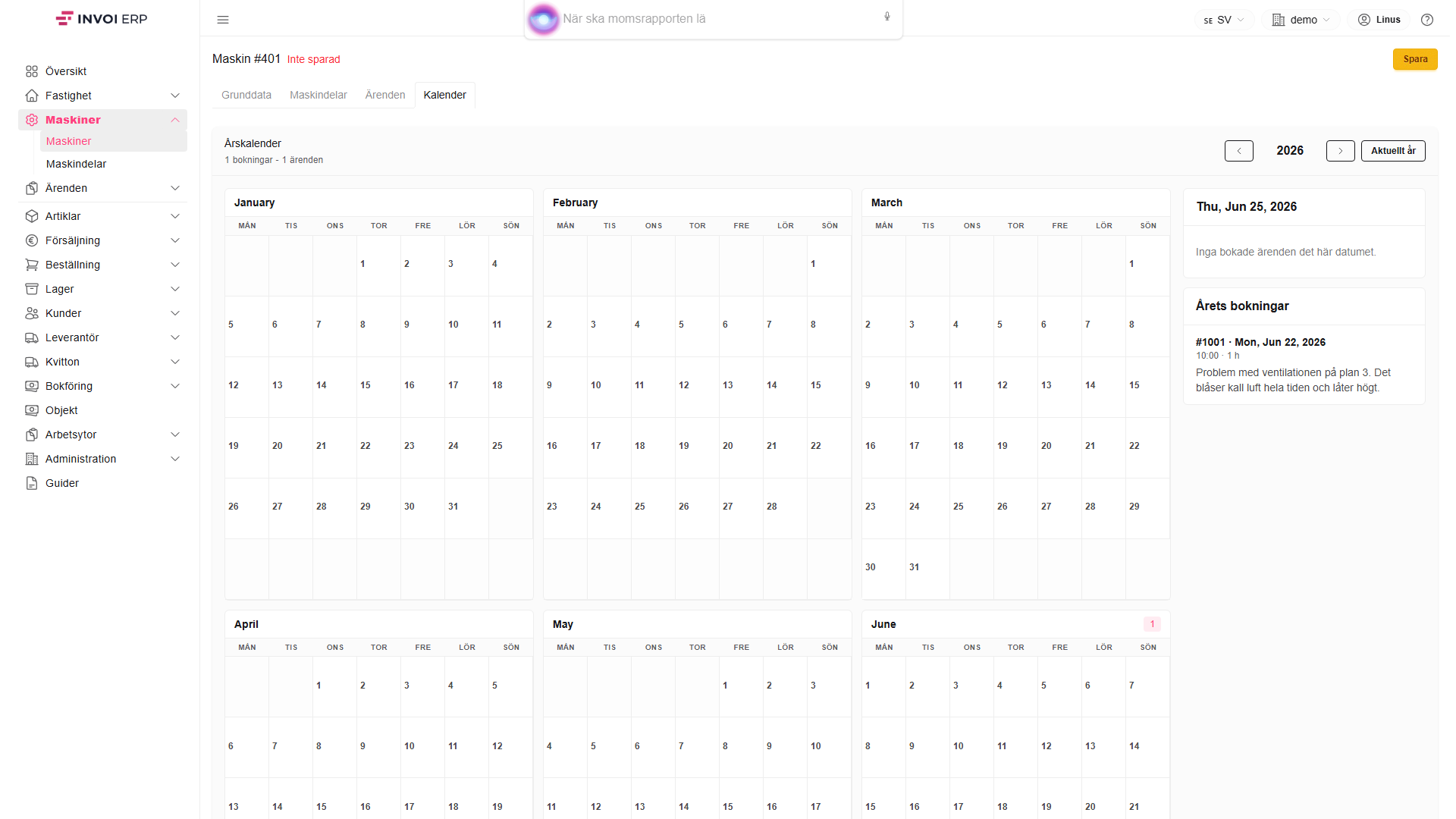 Servicekalender för en maskin i Invoi
