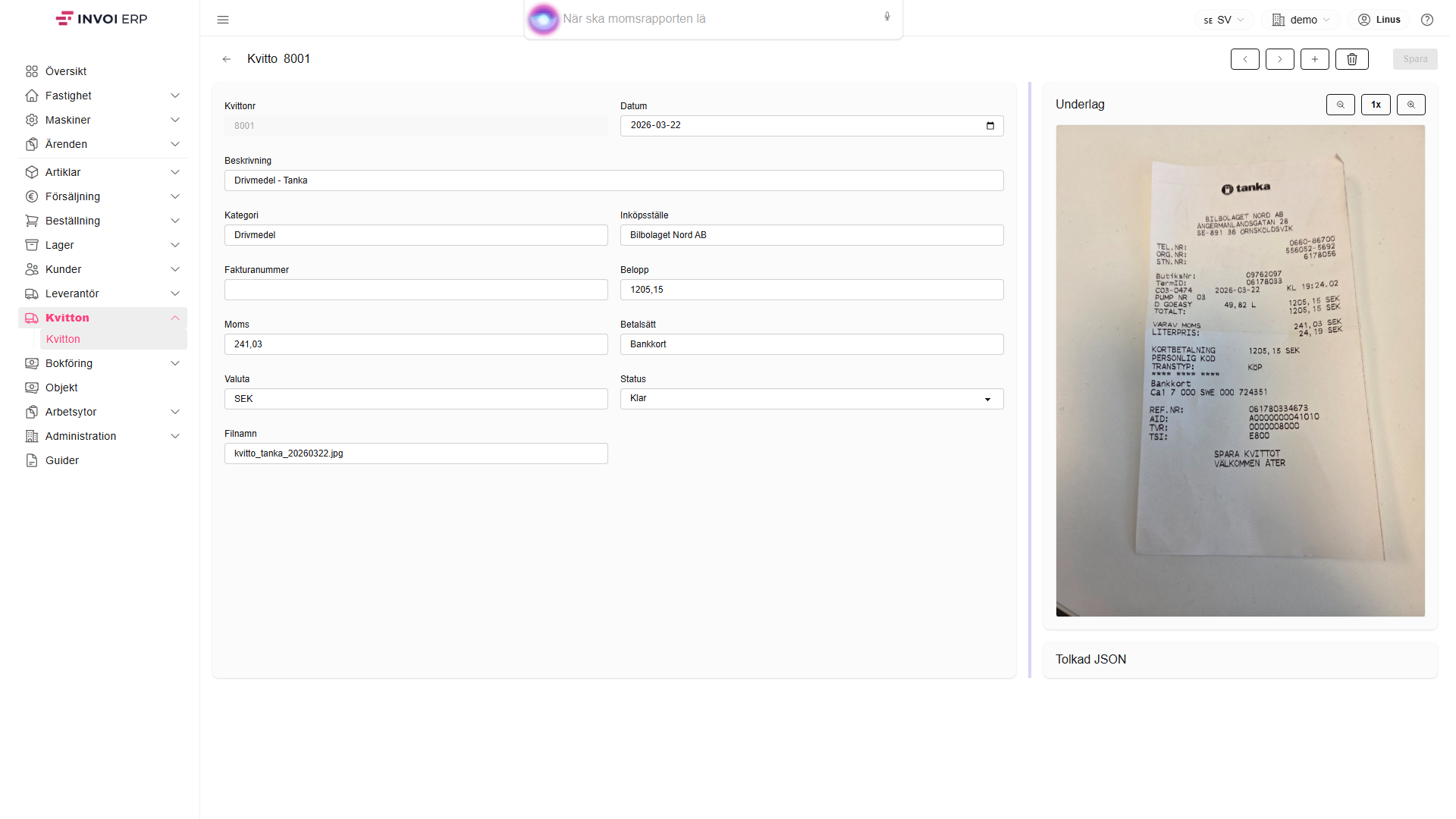 Kvittovyn i Invoi med digitaliserat kvittounderlag