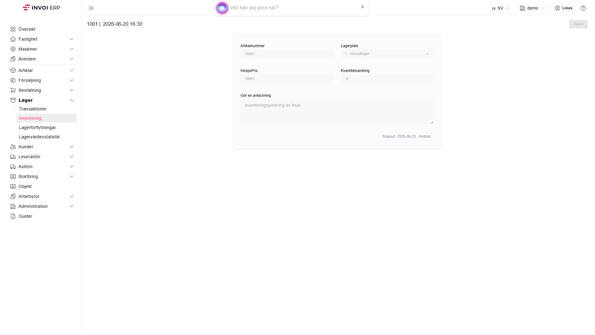 Lagerkortet i Invoi med saldo och artikelinformation